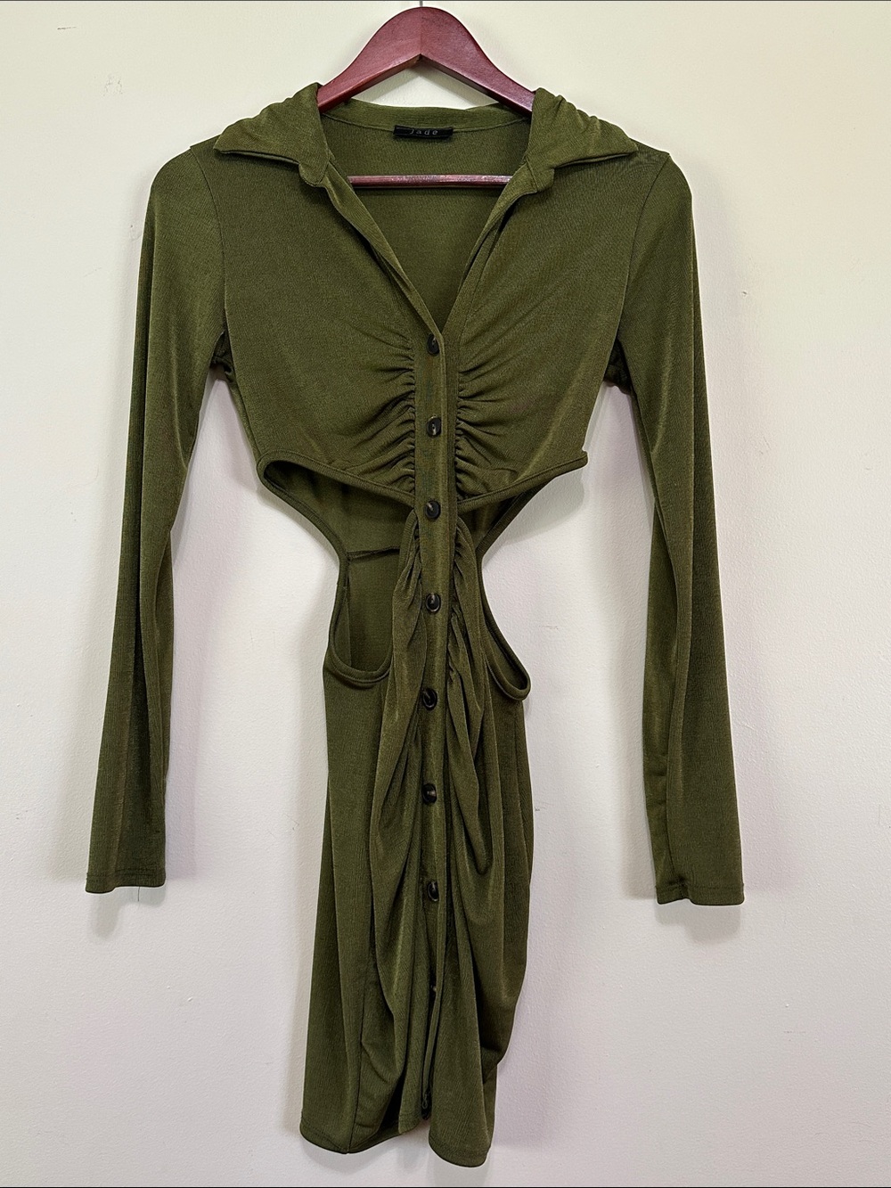 Jade Olive Green Long-Sleeve Ruched Cutout Button Dress